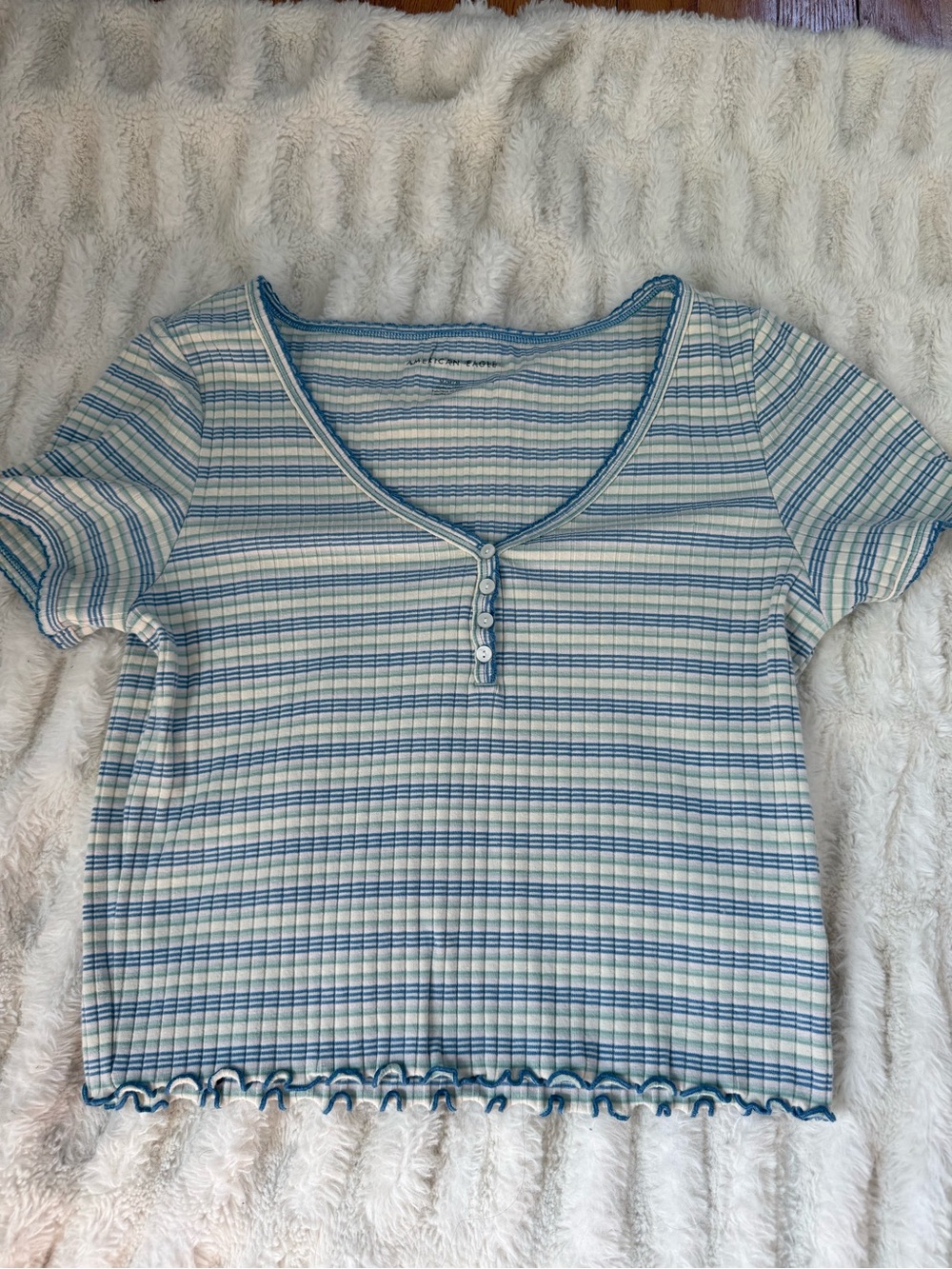 American Eagle Outfitters Blue & White Striped Ribbed Henley Crop Top